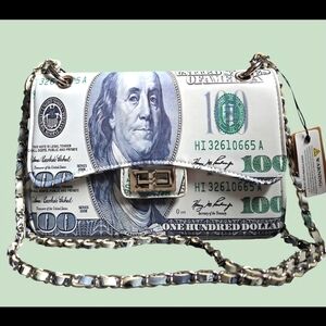 Stylish ($100 Print) Benjamin Franklin Chain Crossbody Novelty Bag